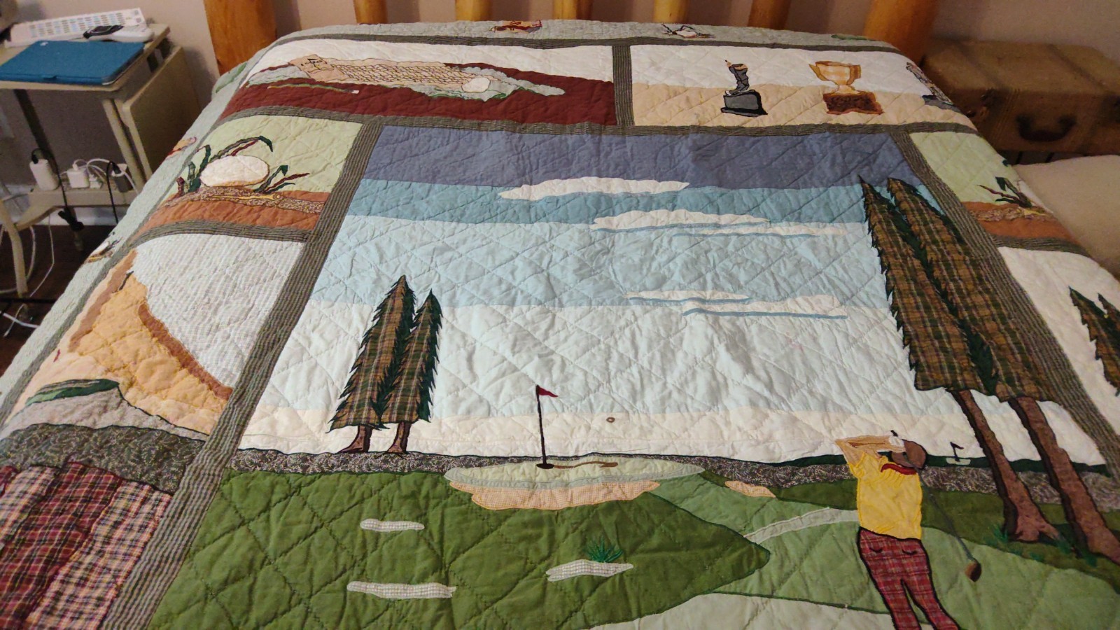 VTG 4 Piece Set PATCH MAGIC GOLF QUILT  82" + 88"  2 Pillow Shams+ Throw Pillow
