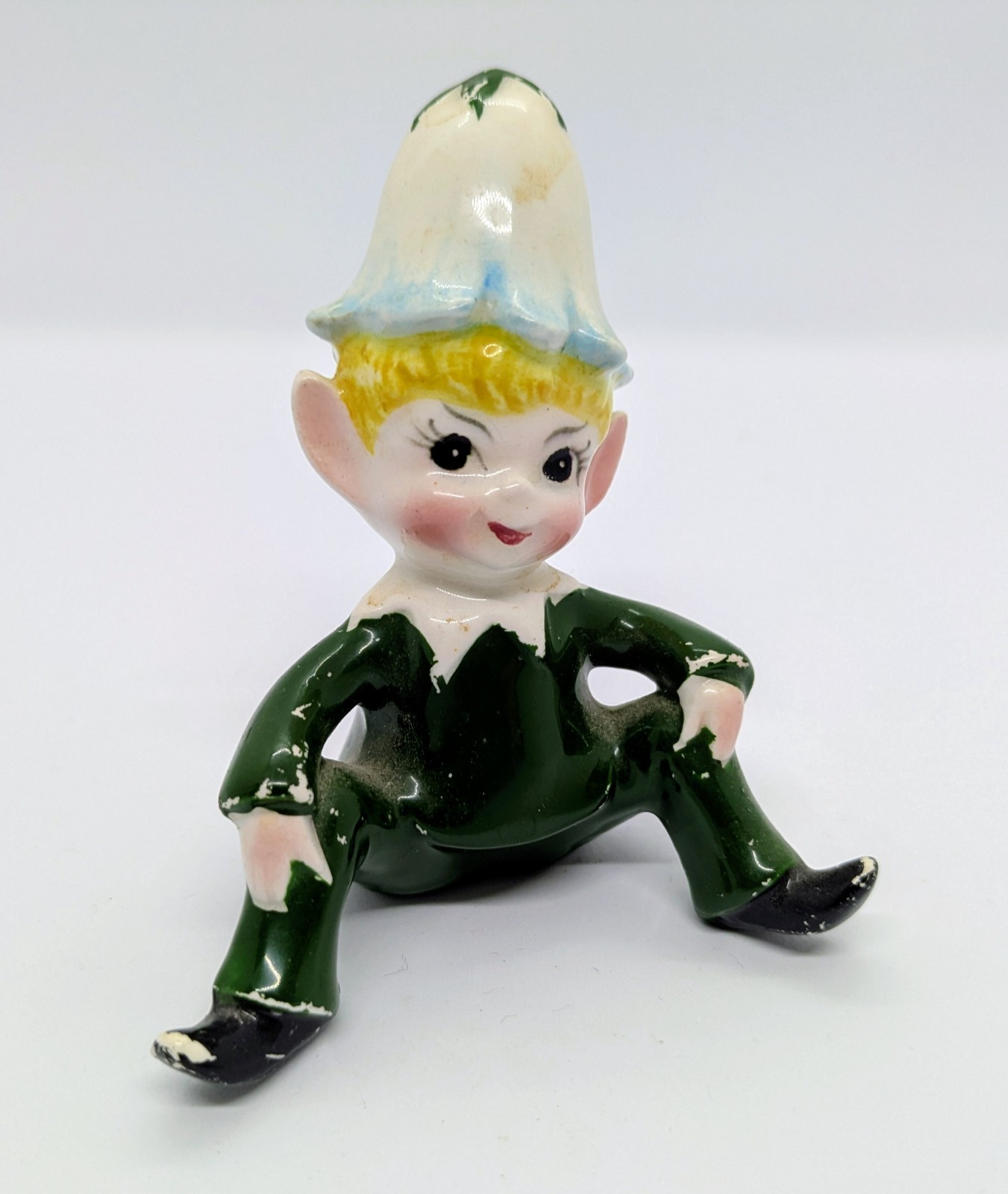 Vintage Norcrest 1950s Japan Ceramic Pixie Elf Flower Hat Seated *On A Shelf* Vintage Norcrest 1950s Japan Ceramic Pixie Elf Flower Hat Seated *On A Shelf*