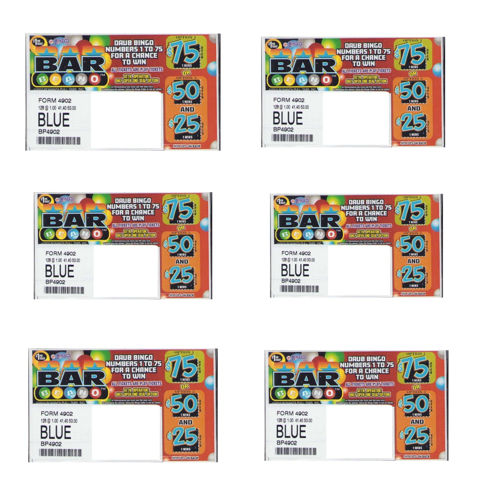 Pull Tab Ticket - Hard Card Tickets - Game - 6 Pack - Bar Beano - 128 ct ea Pull Tab Ticket - Hard Card Tickets - Game - 6 Pack - Bar Beano - 128 ct ea