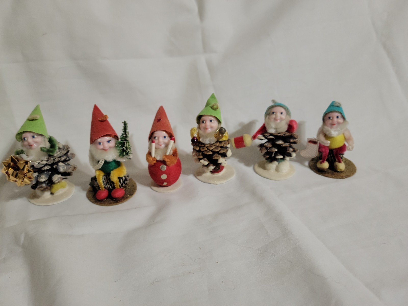 6 Vntg Shiny Brite Christmas Pinecone Dwarfs/Elves Ornaments 3" w/original Box