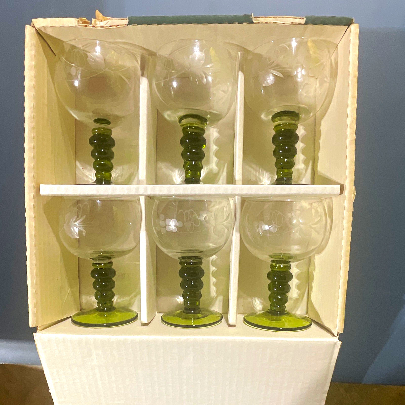 Vintage Römer Austrian Wine Glasses Set of 6, Green Base Stem, Etched Breweriana Vintage Römer Austrian Wine Glasses Set of 6, Green Base Stem, Etched Breweriana