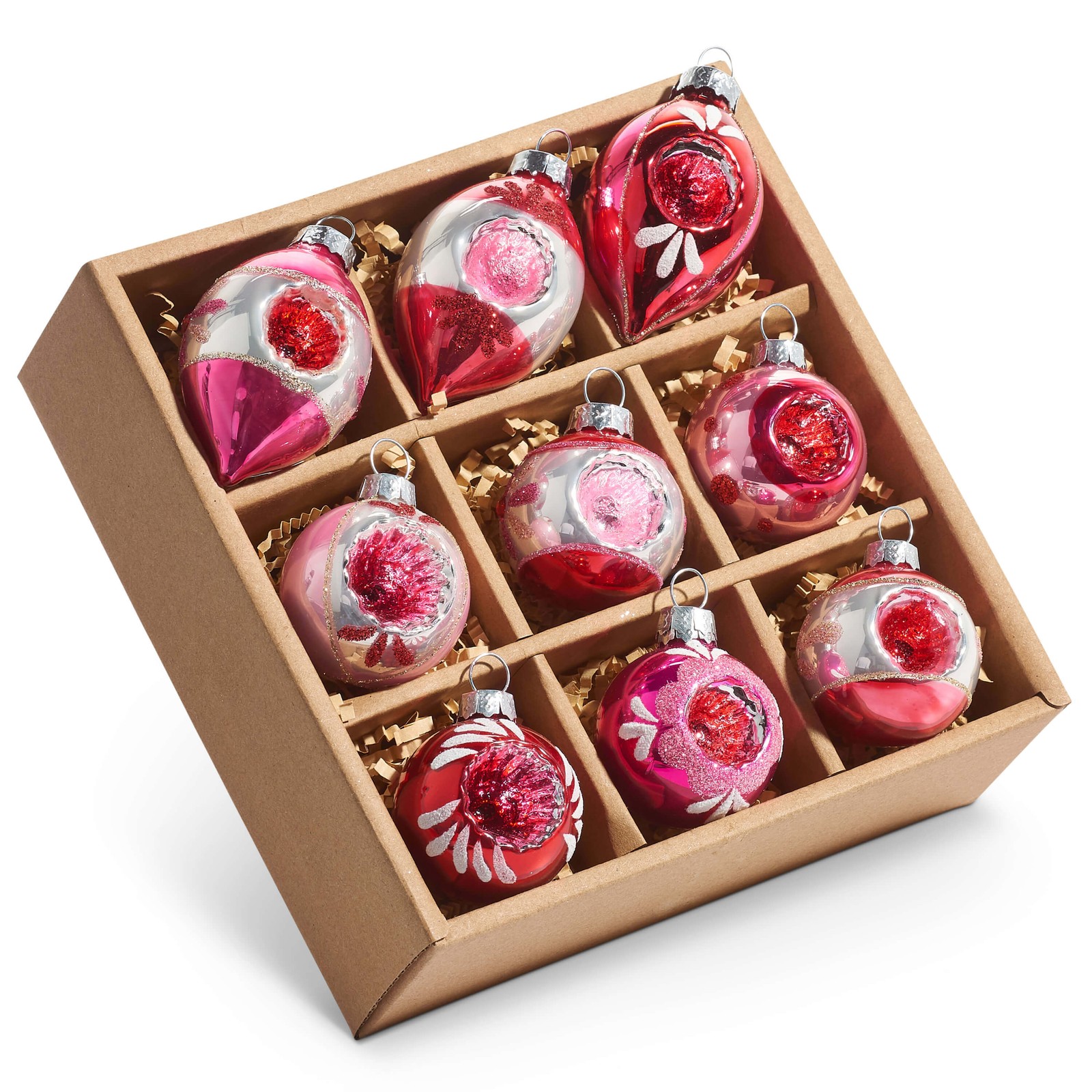 Vintage Pink Indent Reflector Ornaments Box Set/9 Vintage Pink Indent Reflector Ornaments Box Set/9