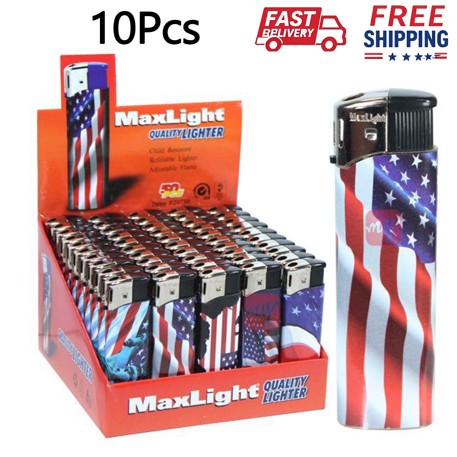 Maxlight Flag Design Lighters – 10 Pack, Multi-Color American Flag Print Maxlight Flag Design Lighters – 10 Pack, Multi-Color American Flag Print