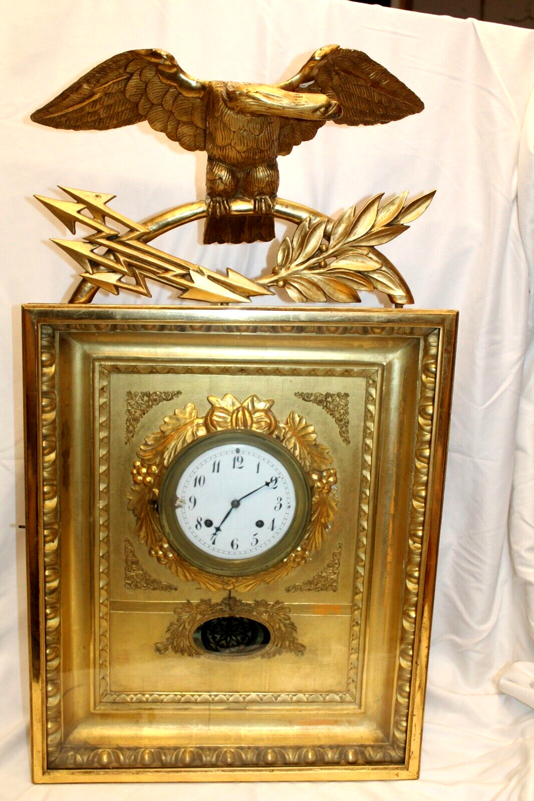 Antique Austrian Biedermeier Gilt Frame Clock Eagle Rahmenuhr Empire Wall Clock