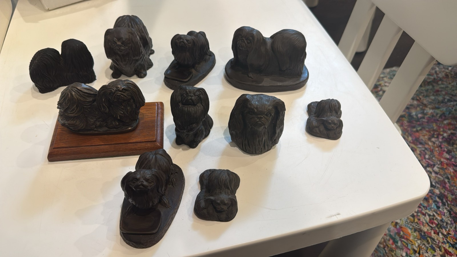 Pekingese Dog Figurines LOT of 10 Bronze Finish Resin Figures Unmarked AS IS