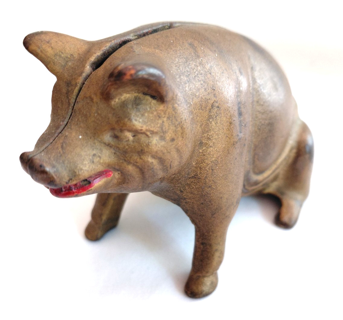 Vintage/Antique Cast Iron Pig w/ Red Lips Still Bank