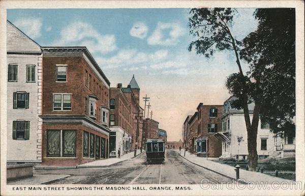 Orange,MA East Main Street Showing the Masonic Hall Franklin County Postcard