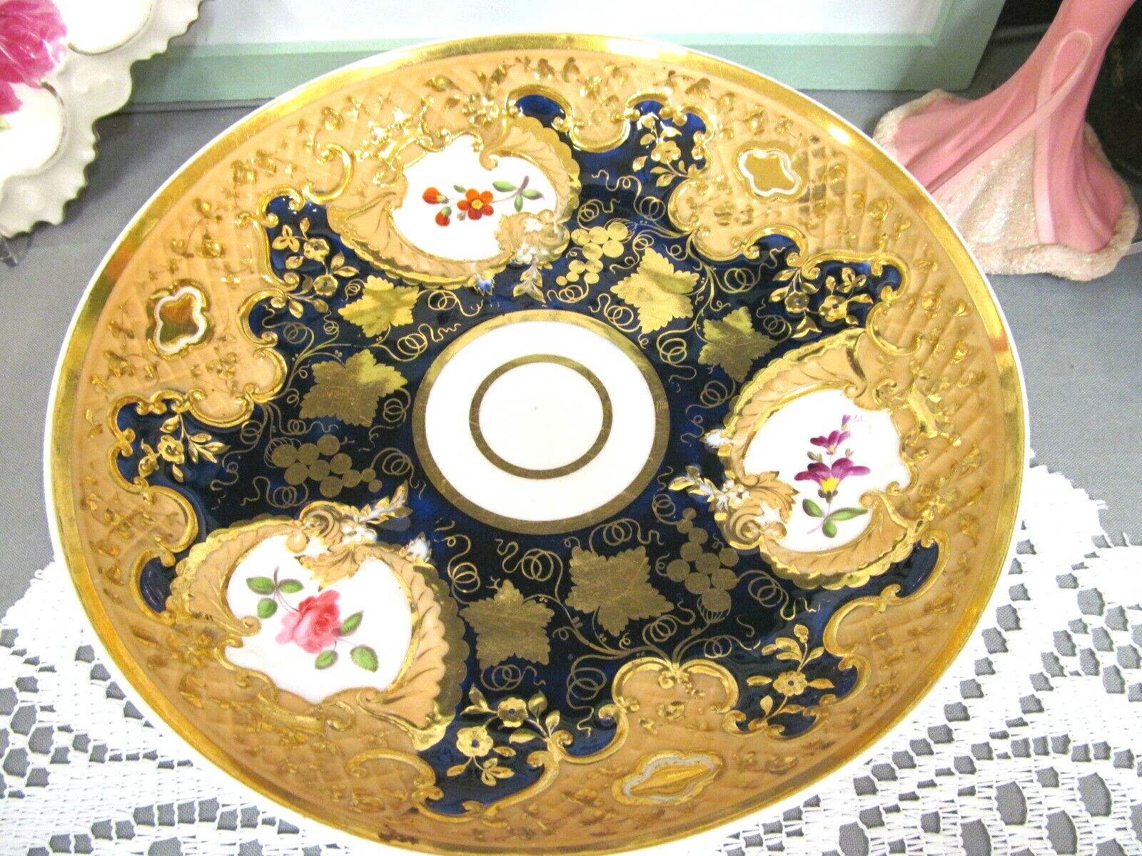 ANTIQUE 1820s Porcelain plate Coalport painted cobalt blue etched gold old Derby