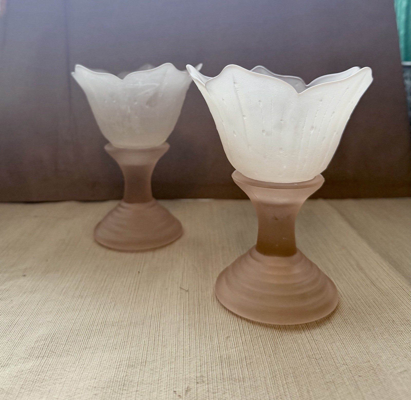 Vintage Pink Frosted Glass Tulip Candle Holders Pair Pedestal Floral Satin Vintage Pink Frosted Glass Tulip Candle Holders Pair Pedestal Floral Satin