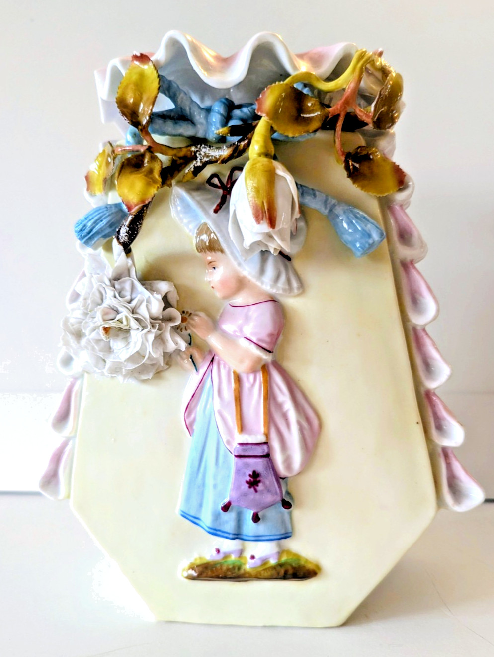 Beautiful Tall French Porcelain Vase Victorian Child ,Flowers 9"  1870's-1890