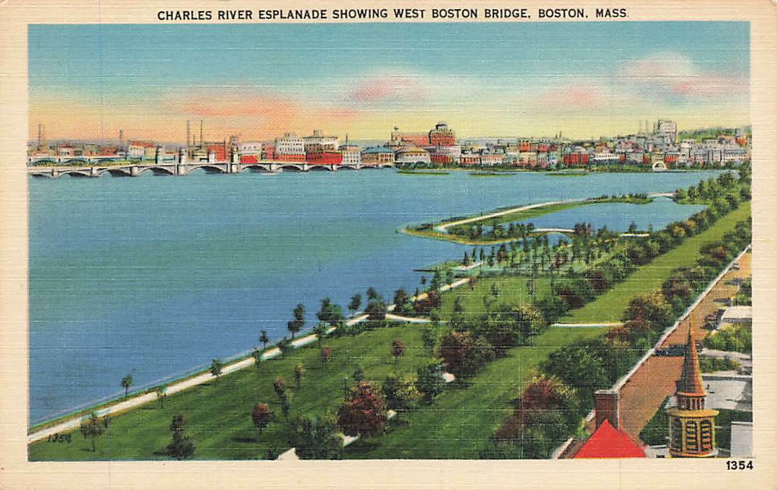 Birds Eye View Charles River Esplanade West Bridge c1940 Boston Linen VTG P139