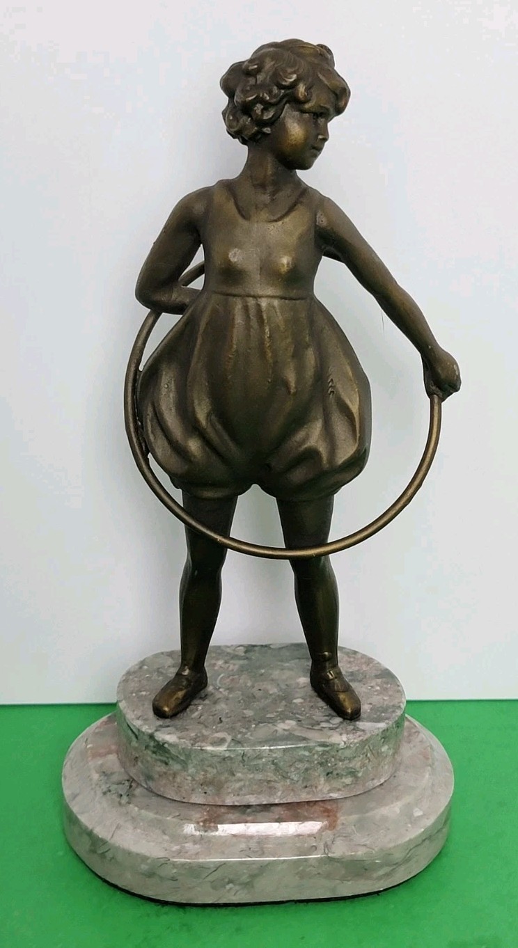 Vintage 8.75" Cast Bronze "Hoop Girl" Sculpture With Marble Base Vintage 8.75" Cast Bronze "Hoop Girl" Sculpture With Marble Base