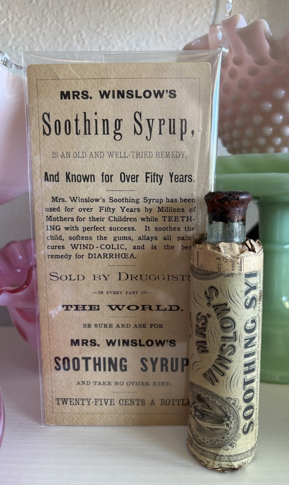 Antique Late 1800 SEALED Mrs Winslows Soothing Syrup Medicine Bottle w/ Orig. AD Antique Late 1800 SEALED Mrs Winslows Soothing Syrup Medicine Bottle w/ Orig. AD