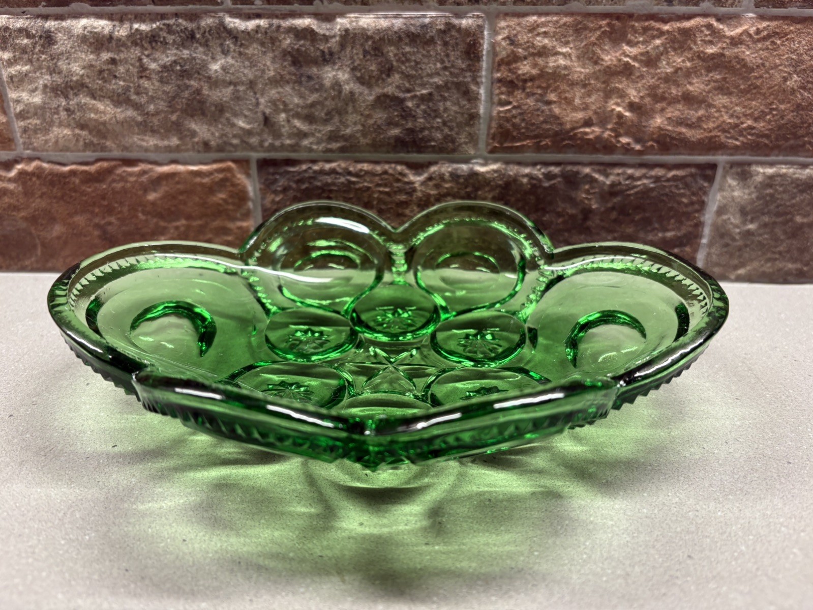 Vintage L.G. Wright Green Glass Moon & Stars Oval Relish Dish Tray trinket dish Vintage L.G. Wright Green Glass Moon & Stars Oval Relish Dish Tray trinket dish