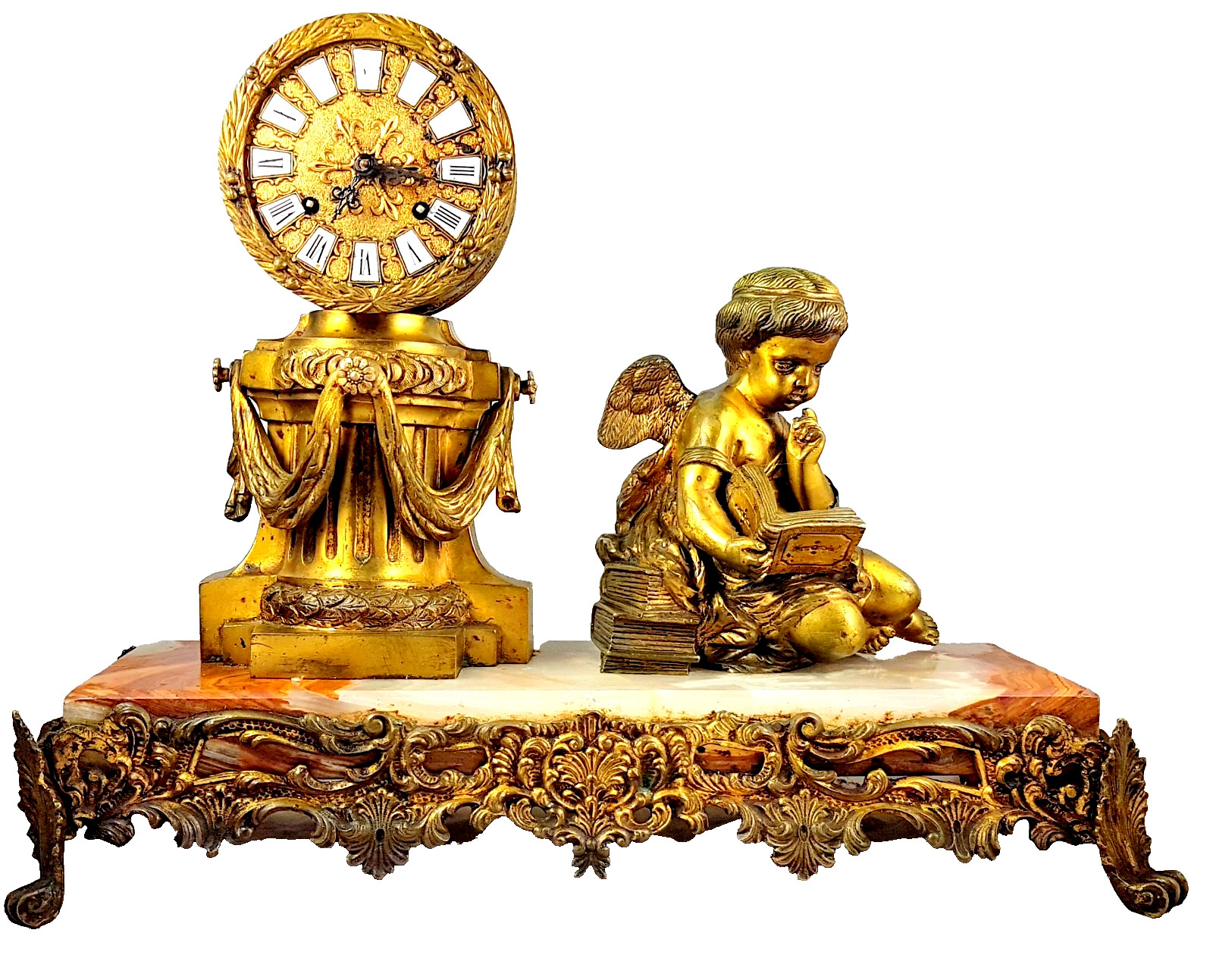 Antique mantel clock, France, bronze, onyx, Louis XVI, large bell, 25 kg