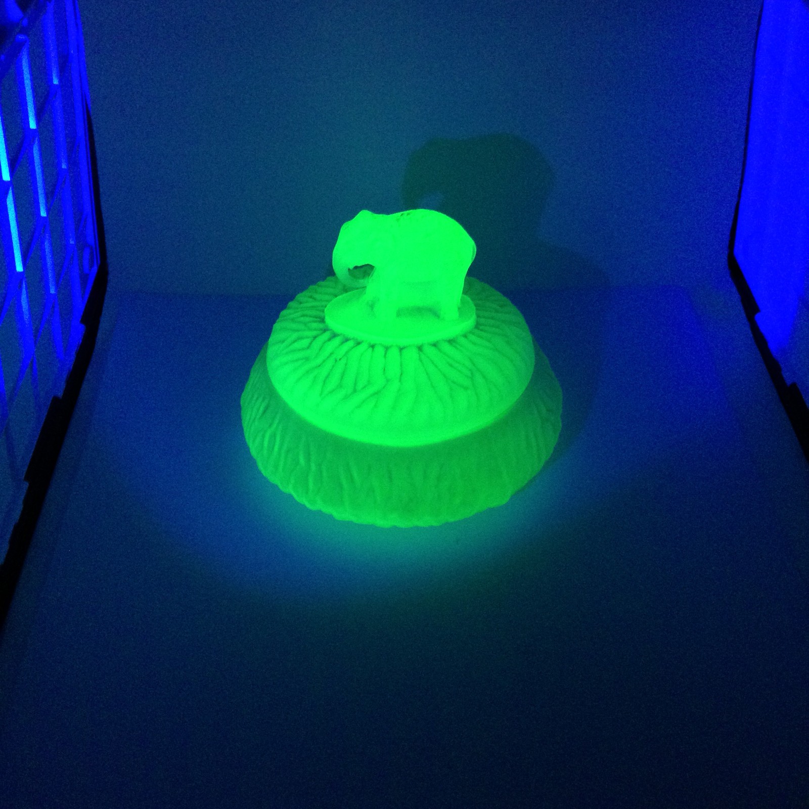 Vintage Uranium Glass Powder Jar With Elephant Top Lid L E Smith Vintage Uranium Glass Powder Jar With Elephant Top Lid L E Smith