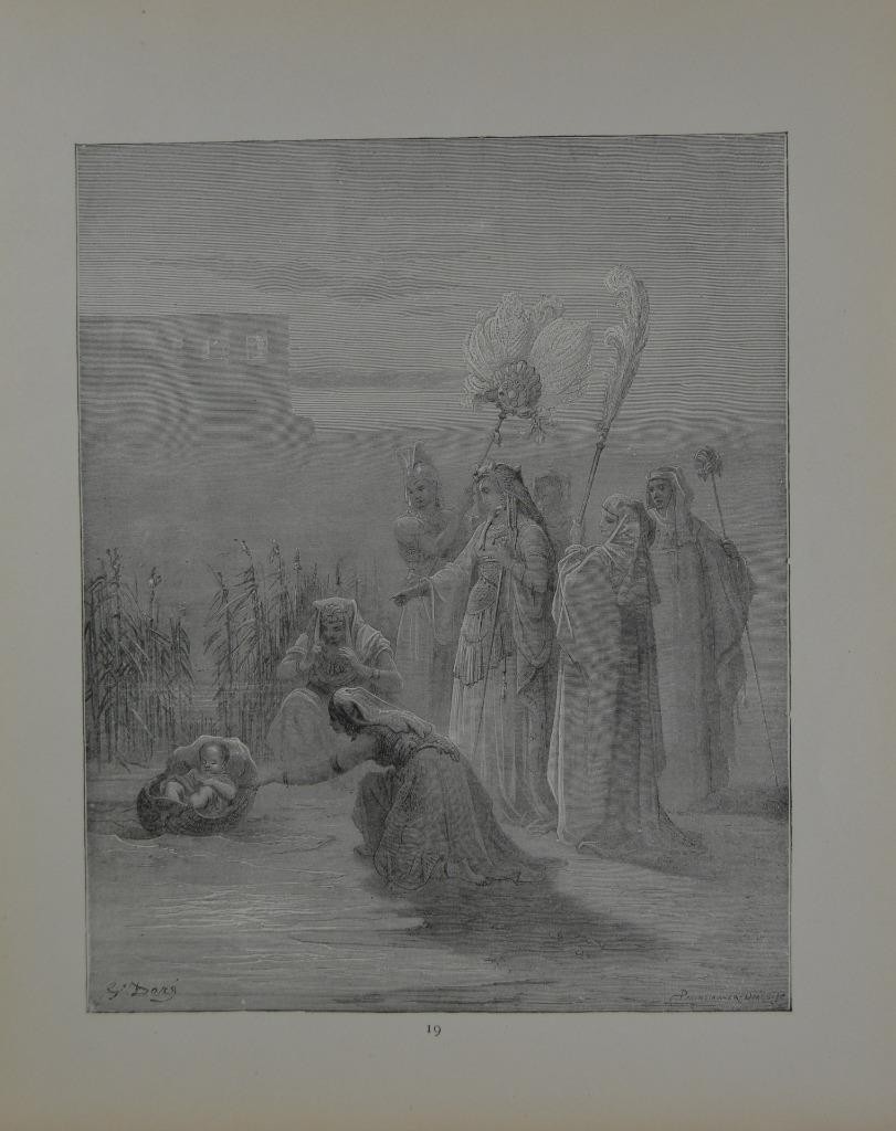 Antique Religious Art Print 1880 Gustave Dore Moses in the bulrushes Victorian Antique Religious Art Print 1880 Gustave Dore Moses in the bulrushes Victorian