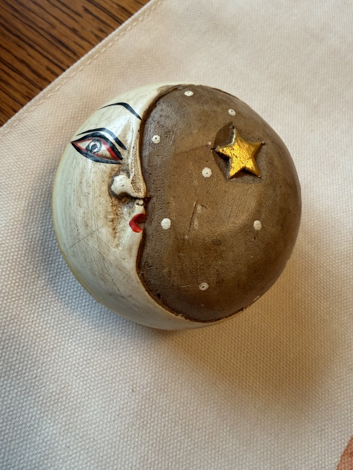 Vintage Hand Painted Wooden Moon Face Trinket Box Folk Art Celestial Stars