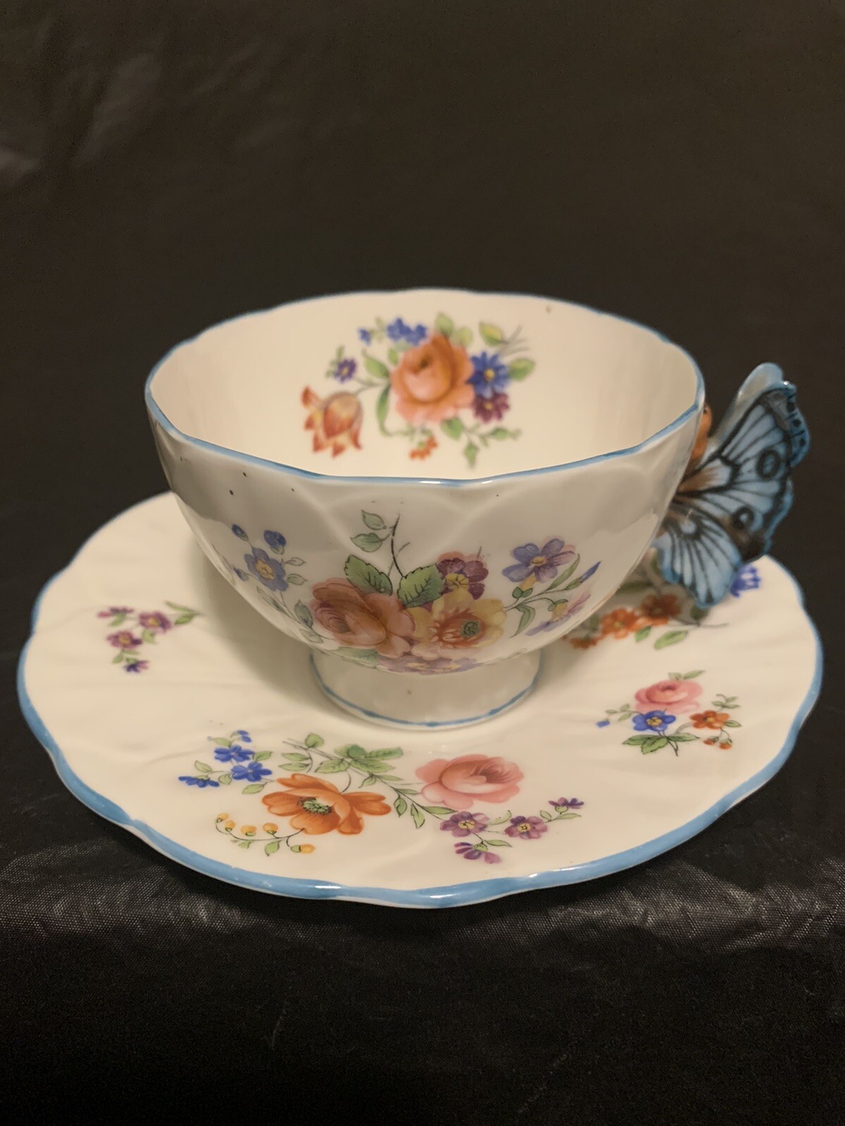 Rare Antique Aynsley Butterfly Handle Teacup and Saucer Set 1930s Floral Mint