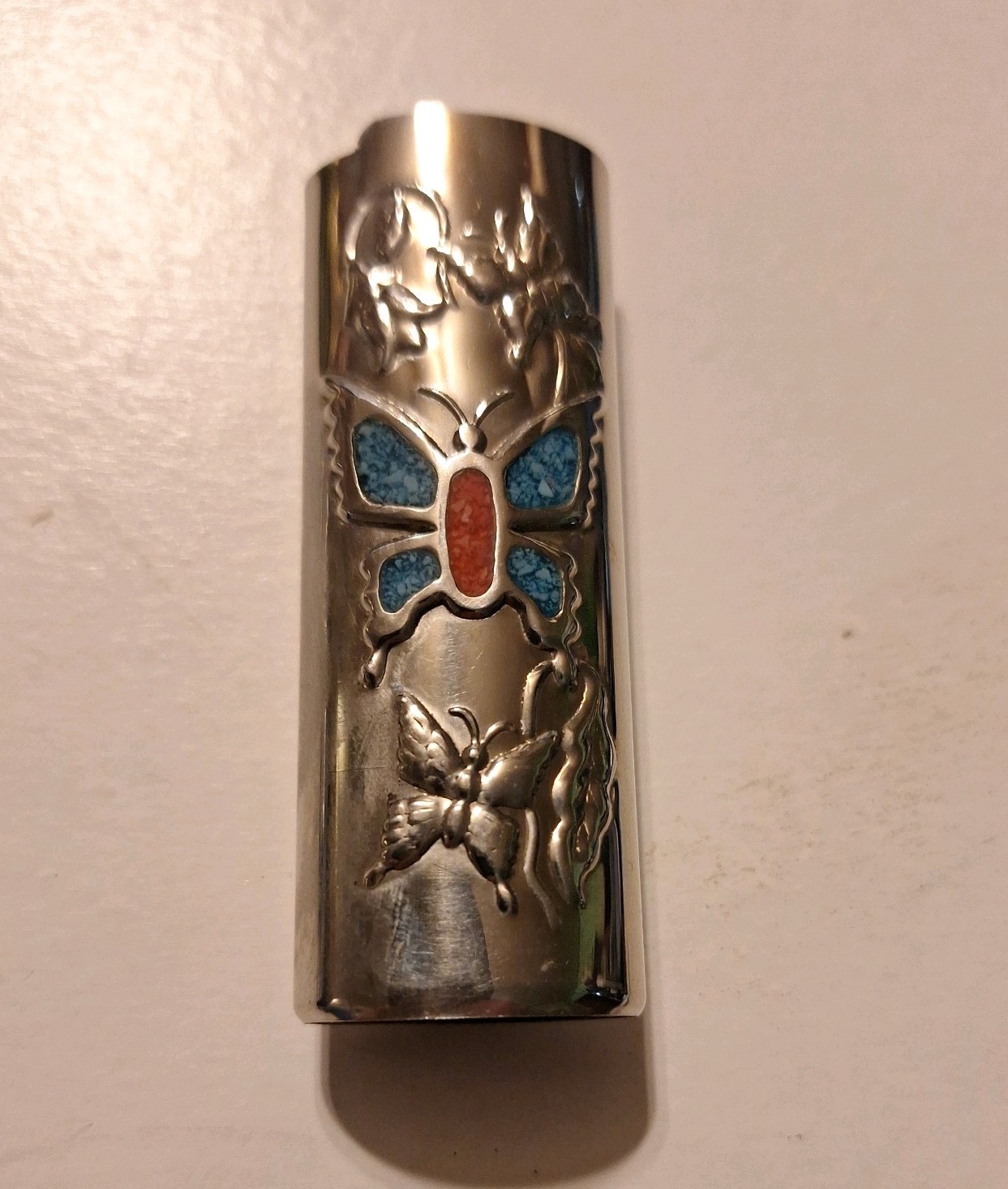 Vintage 1970s Silver-Tone Metal Butterfly Bic Lighter Case Cover Turquoise NEW Vintage 1970s Silver-Tone Metal Butterfly Bic Lighter Case Cover Turquoise NEW
