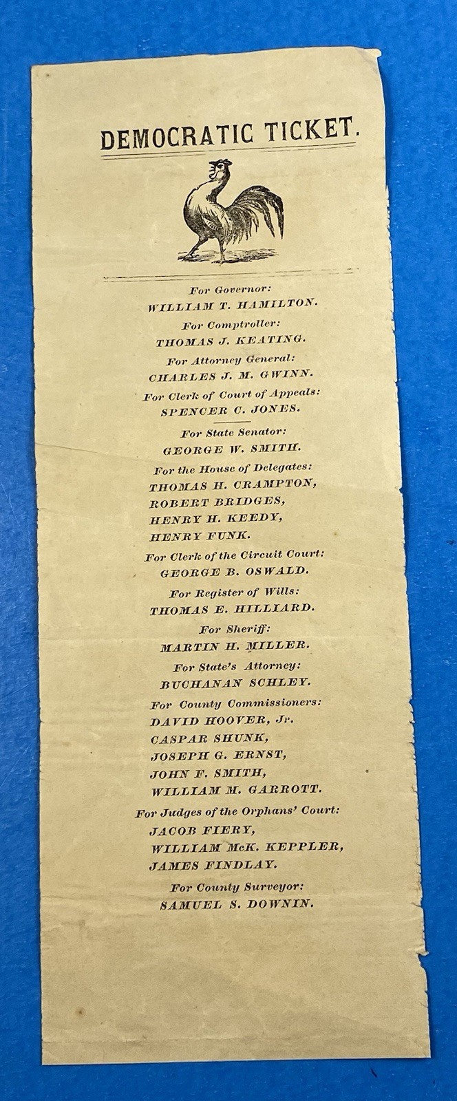 1879 Paper Ballot William T. Hamilton For Governor of Maryland 1879 Paper Ballot William T. Hamilton For Governor of Maryland