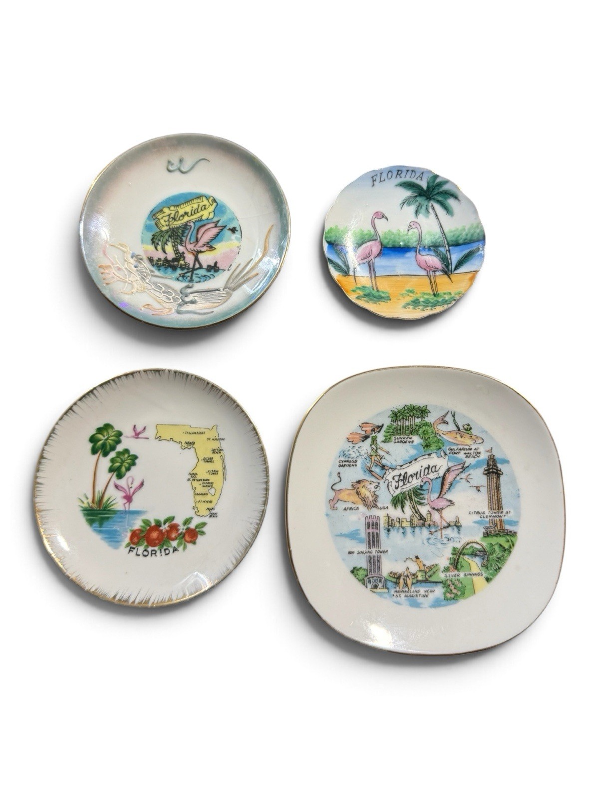 Vintage Florida Souvenir Plates Set of 4 Flamingos Mid Century Travel Decor