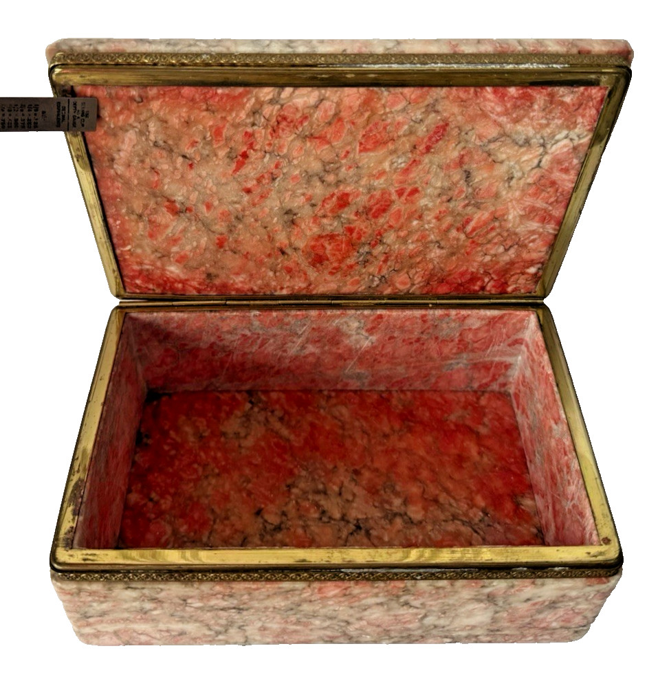 Vintage Italian Alabaster Trinket Jewelry Box w/ Ornate Brass Filigree Trim