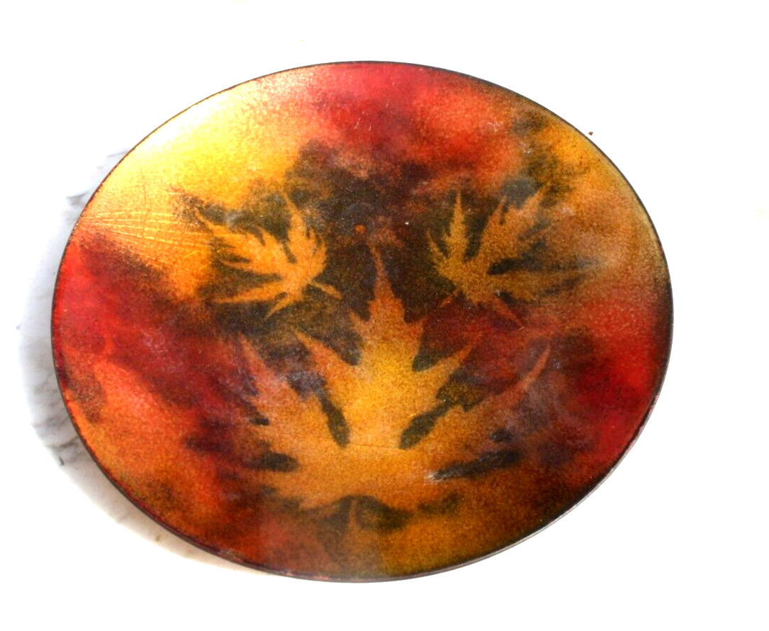 Vintage  Enamel on Copper Small Maple Leaf Plate-signed PK