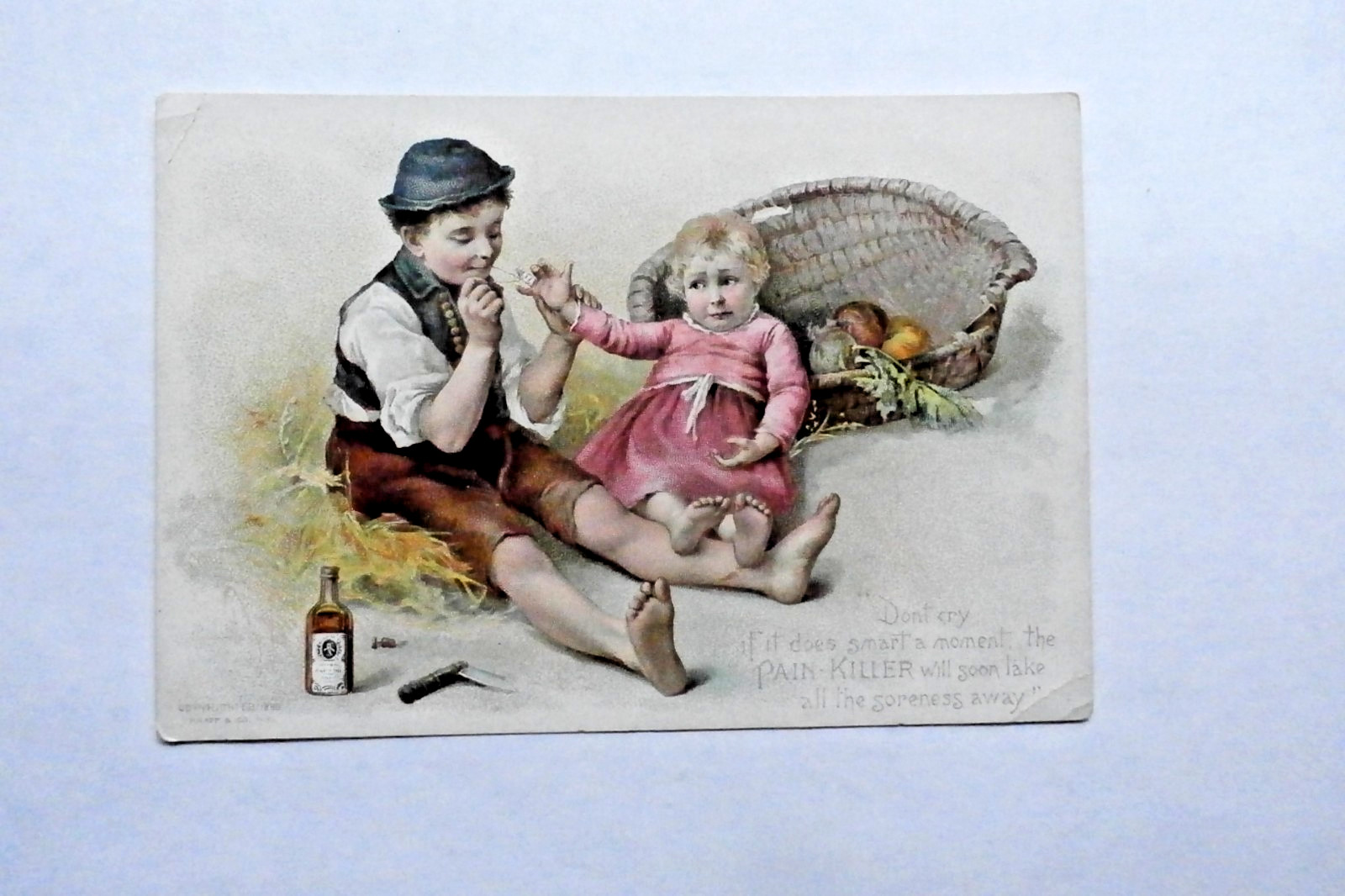 1880s Victorian Trade Card, Perry Davis Pain Killer, boy doctoring a little girl 1880s Victorian Trade Card, Perry Davis Pain Killer, boy doctoring a little girl