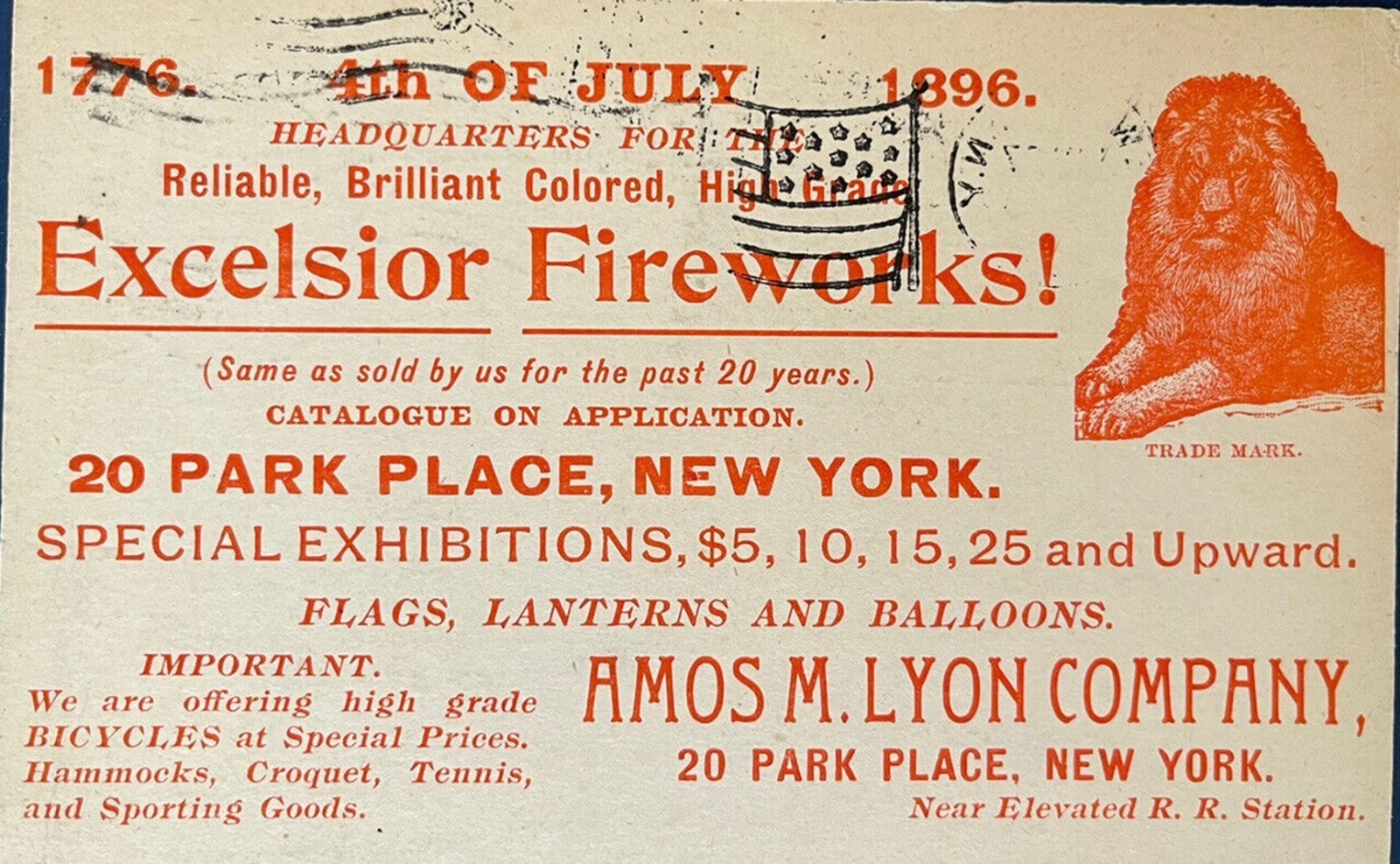 4TH OF JULY - FIREWORKS - 1896 AD with LION in VIBRANT COLOR on UX 12 - NY PC 4TH OF JULY - FIREWORKS - 1896 AD with LION in VIBRANT COLOR on UX 12 - NY PC