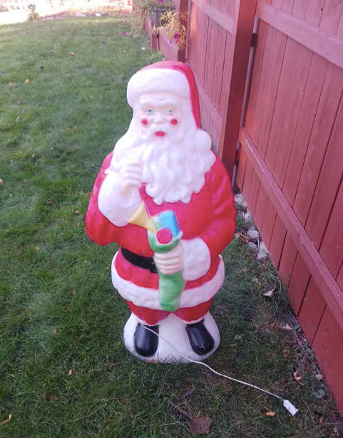 VINTAGE Santa Claus BLOW MOLD with Green Stocking 40” Tall Lighted VINTAGE Santa Claus BLOW MOLD with Green Stocking 40” Tall Lighted