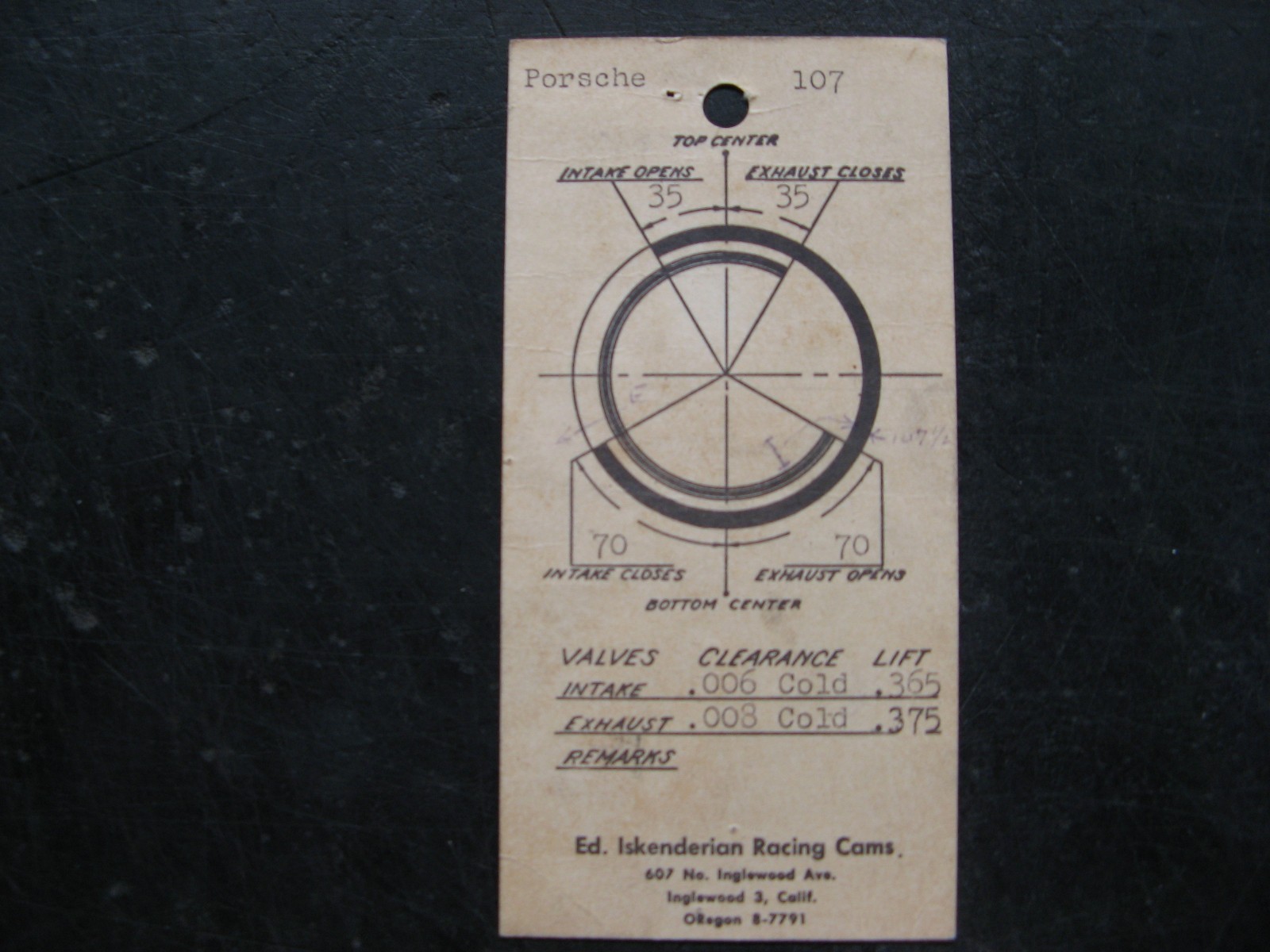 1950s ED ISKENDERIAN RACING CAMS - CAMSHAFT PROFILE CARD for PORSCHE 356 vintage 1950s ED ISKENDERIAN RACING CAMS - CAMSHAFT PROFILE CARD for PORSCHE 356 vintage