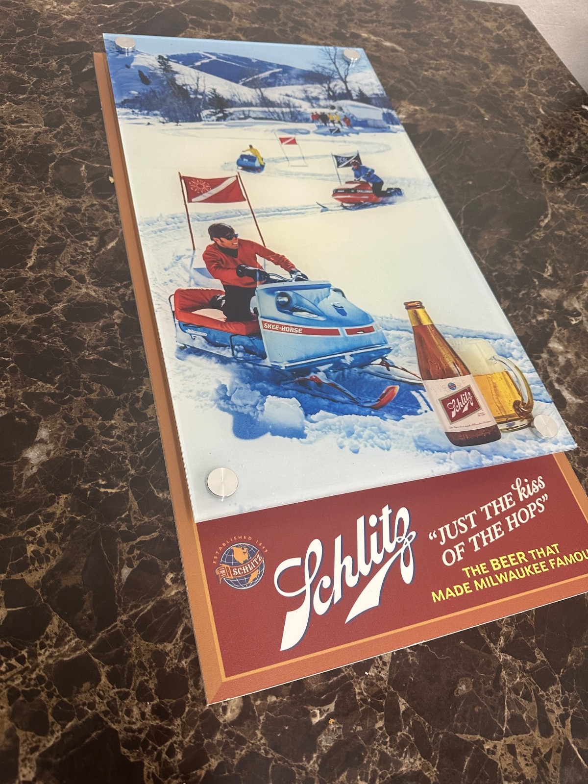 Schlitz Beer Sign with vintage snowmobile scene 12"w x 24" tall backlit