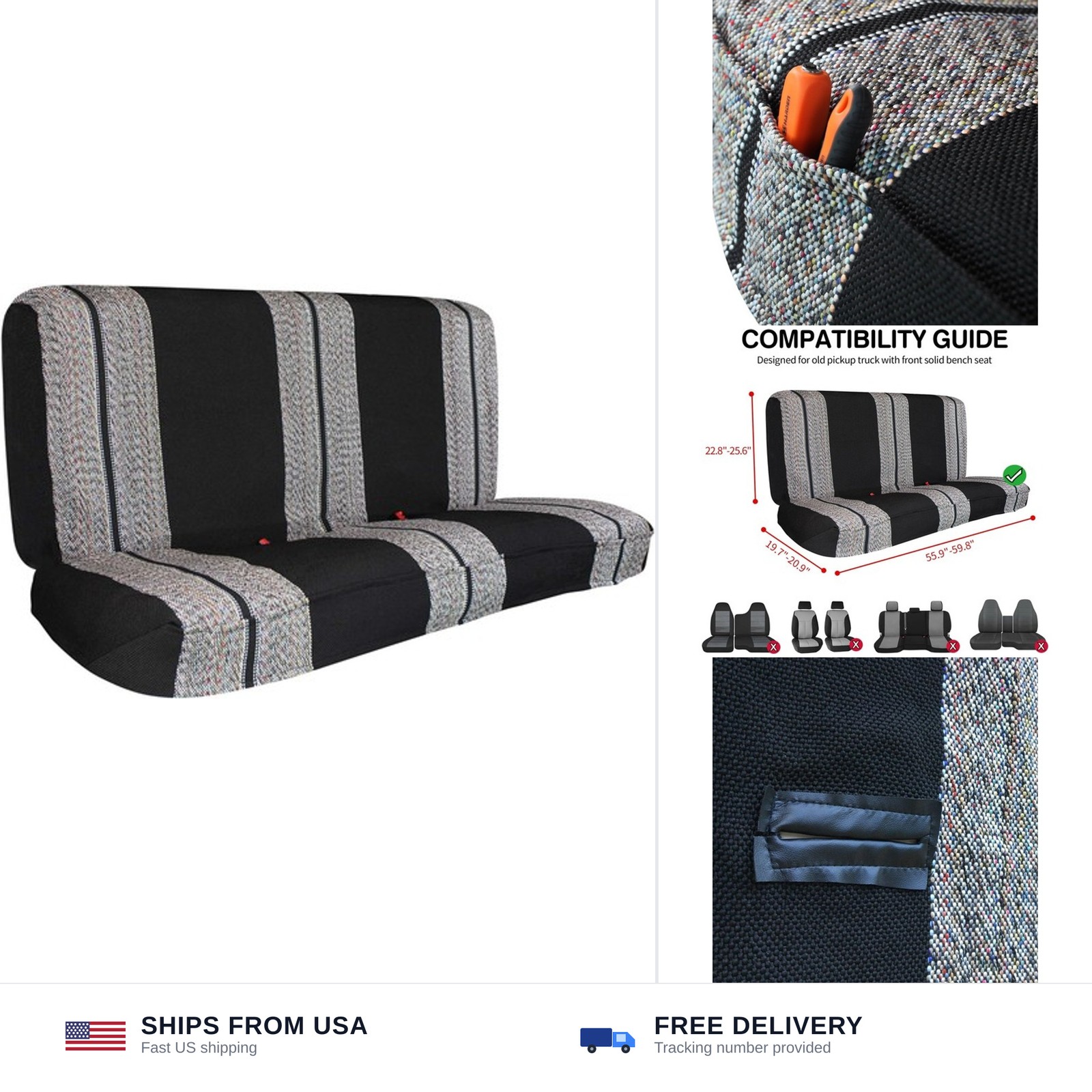 Full Size Truck Bench Seat Cover Black Saddle Blanket Heavy Duty Universal