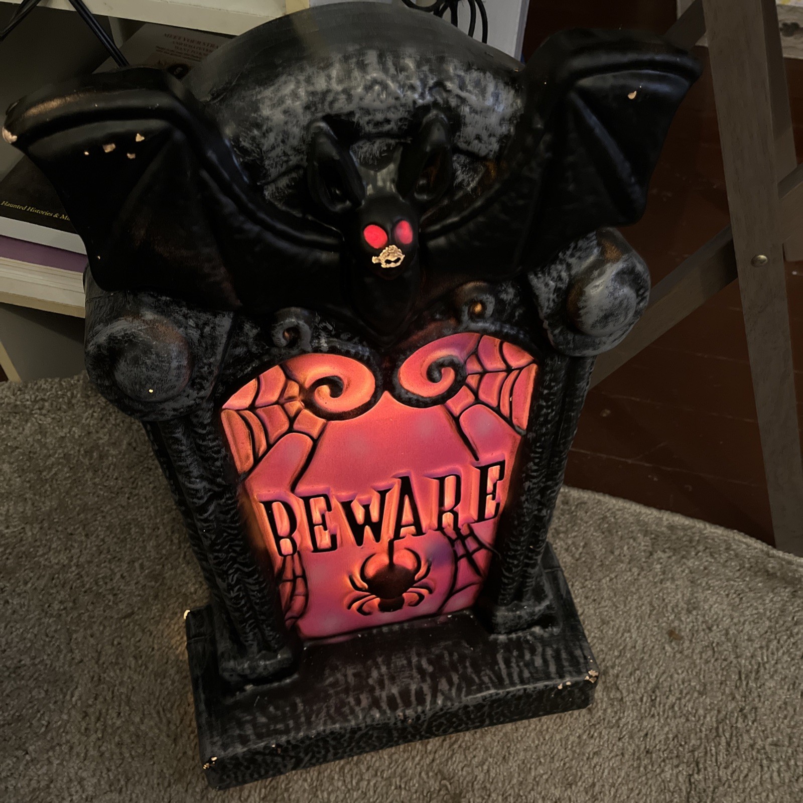 Lighted Bat Beware Tombstone Halloween Blow Mold - 20" READ