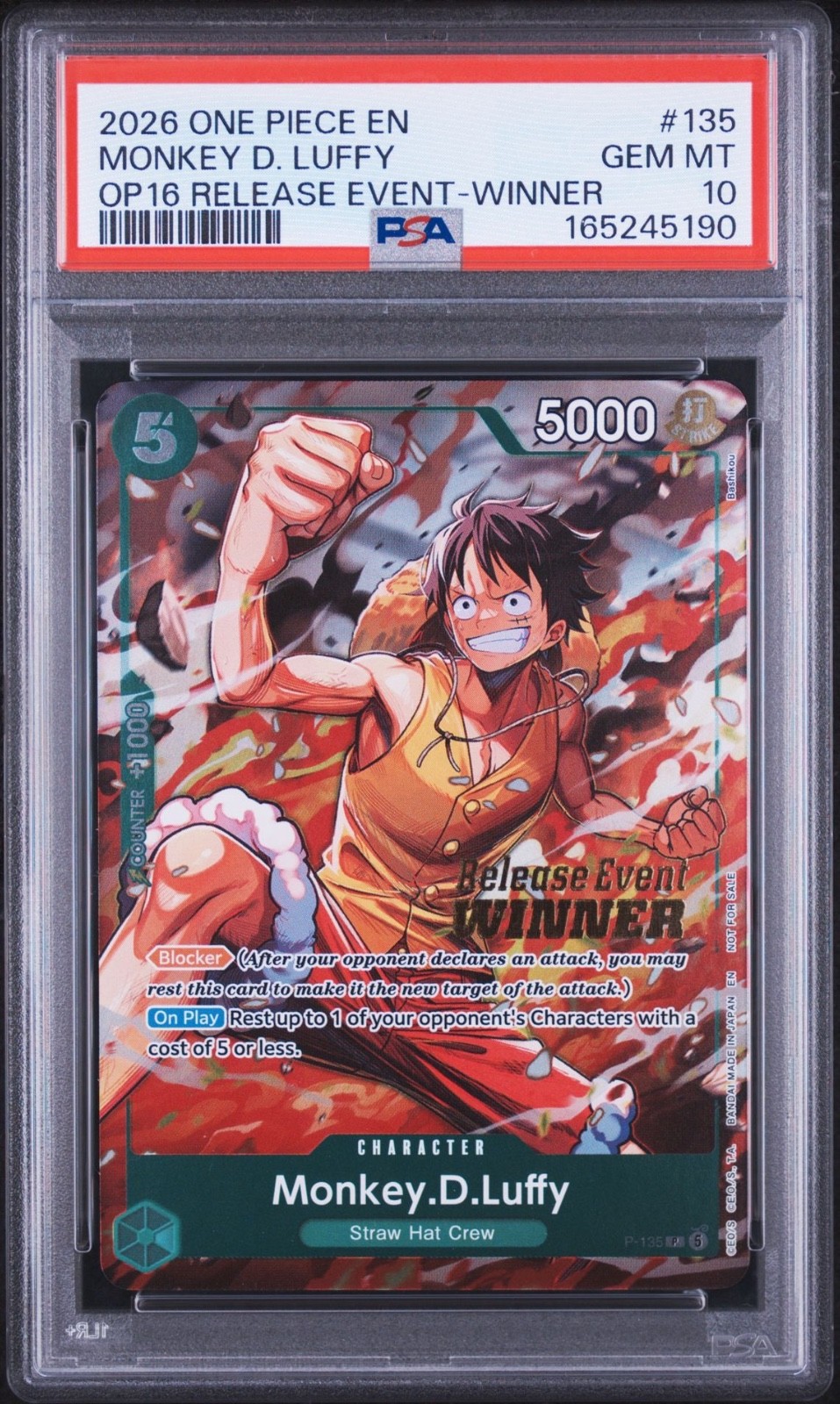 2026 One Piece #P-135 Monkey D. Luffy OP16 Release Event-Winner PSA 10 2026 One Piece #P-135 Monkey D. Luffy OP16 Release Event-Winner PSA 10