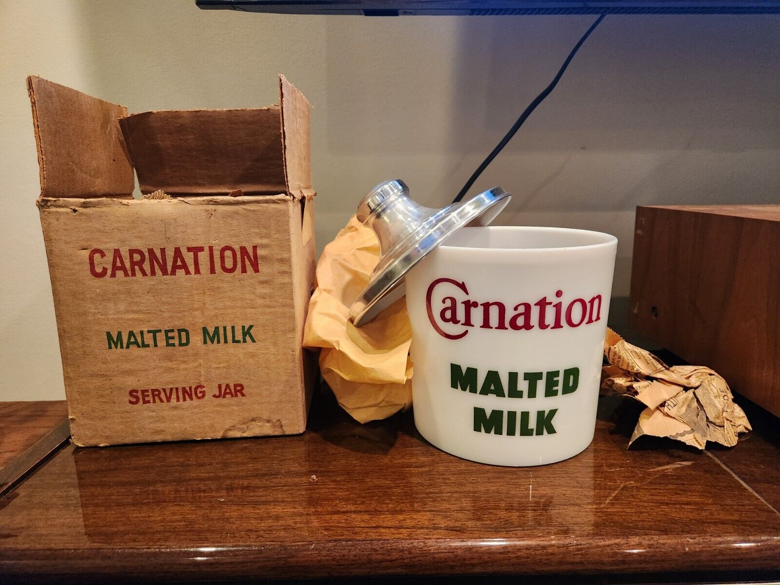 Vintage Carnation Malted Milk Advertising Milk Glass Jar Canister NEW IN BOX