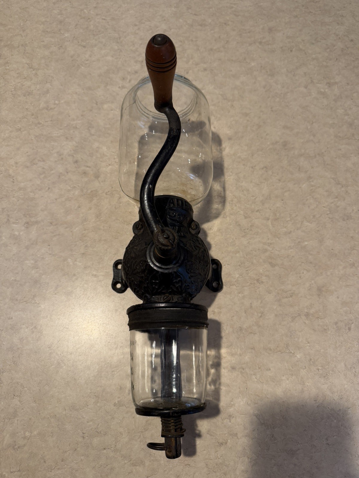 Antique Arcade Crystal No 3 Wall Mount Coffee Grinder Mill Old Skippy Jar Base 