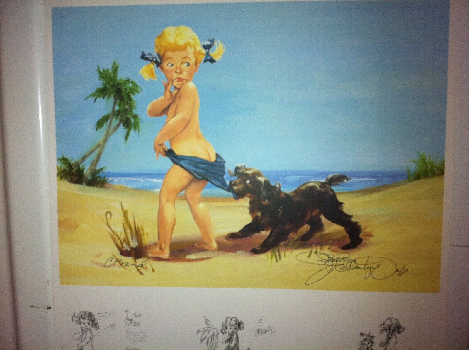 Coppertone Baby Print Beach Scene SIGNED by Artist Joyce Ballantyne