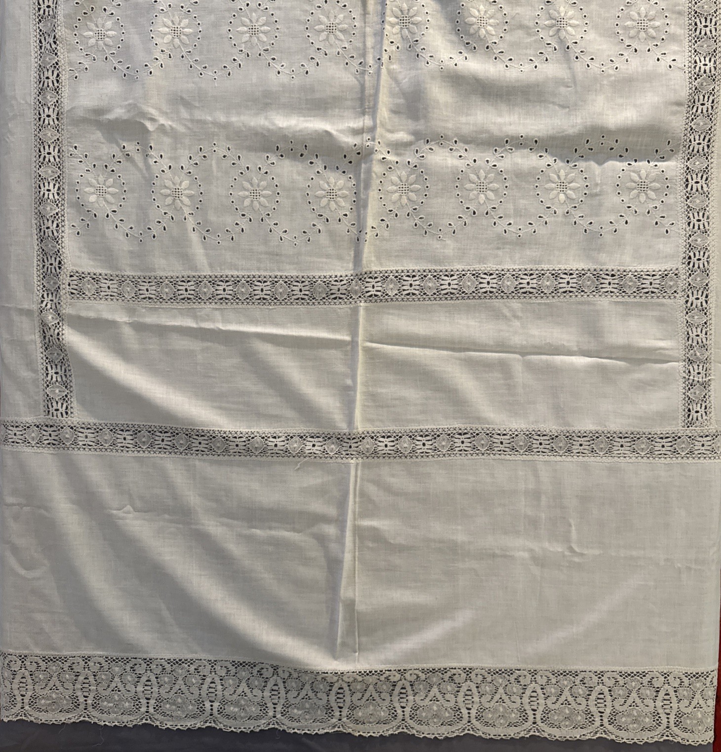Vintage Irish Linen Tablecloth Embroidered Eyelet Crochet Lace Trim 62x73 Vintage Irish Linen Tablecloth Embroidered Eyelet Crochet Lace Trim 62x73