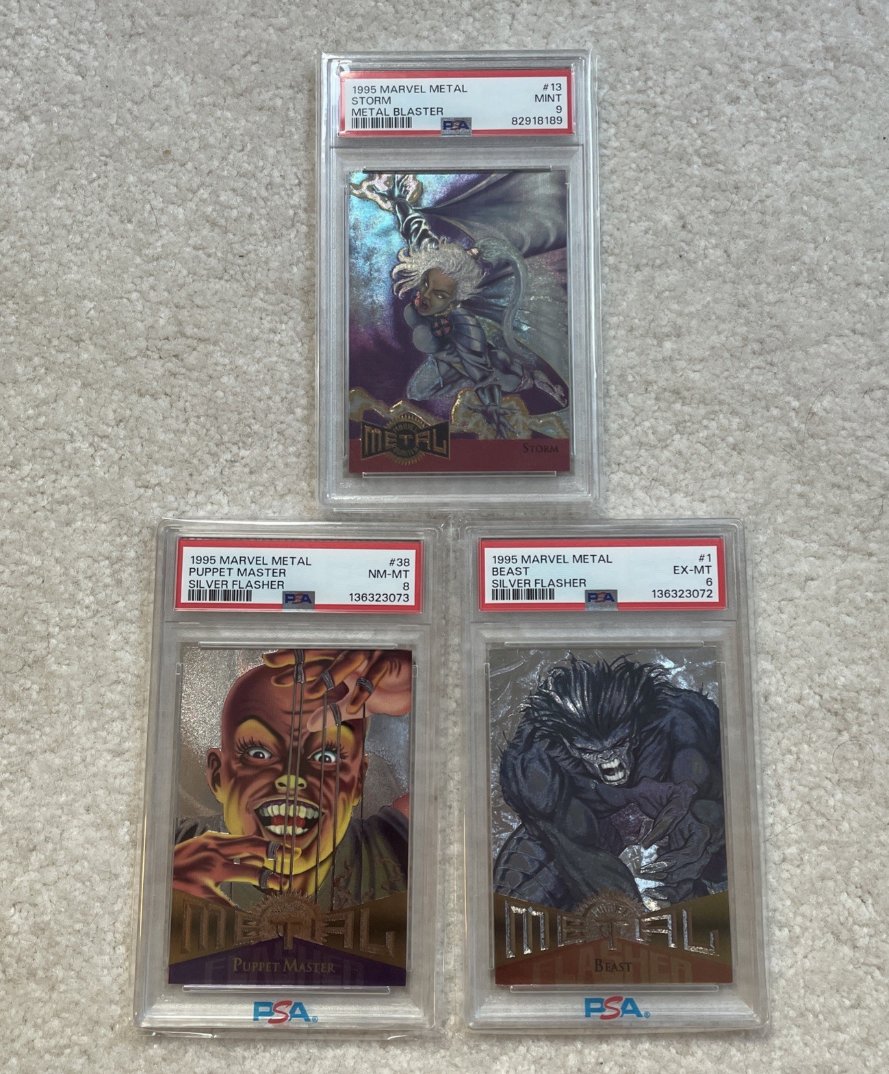 1995 Marvel Metal PSA 9 Metal Blaster Silver Flasher Cards (x3) SP rc X-Men RARE 1995 Marvel Metal PSA 9 Metal Blaster Silver Flasher Cards (x3) SP rc X-Men RARE