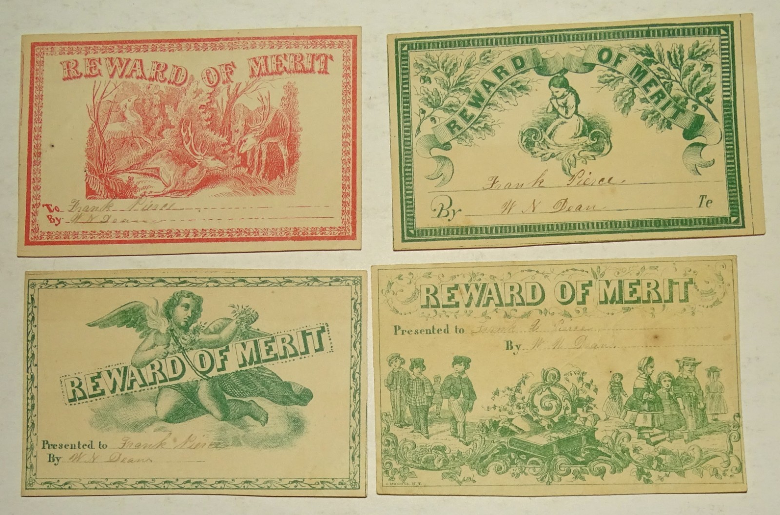 4 Antique Reward of Merit Cards 1800s Ephemera Frank Pierce W N Dean 4 Antique Reward of Merit Cards 1800s Ephemera Frank Pierce W N Dean