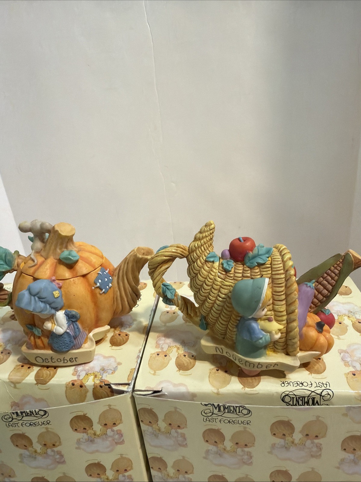 Vintage Precious Moments Last Forever October & November Tea Pots Boxed Vintage Precious Moments Last Forever October & November Tea Pots Boxed