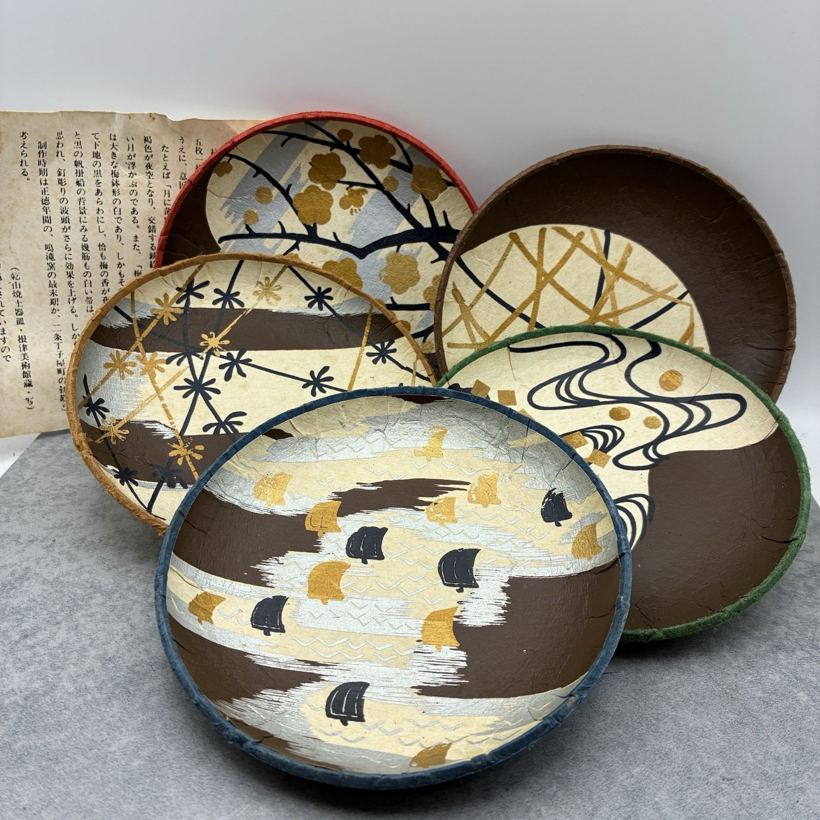 Vintage Japanese Washi Kenzan Style Meimei Plates 5pc Gold Silver Japan