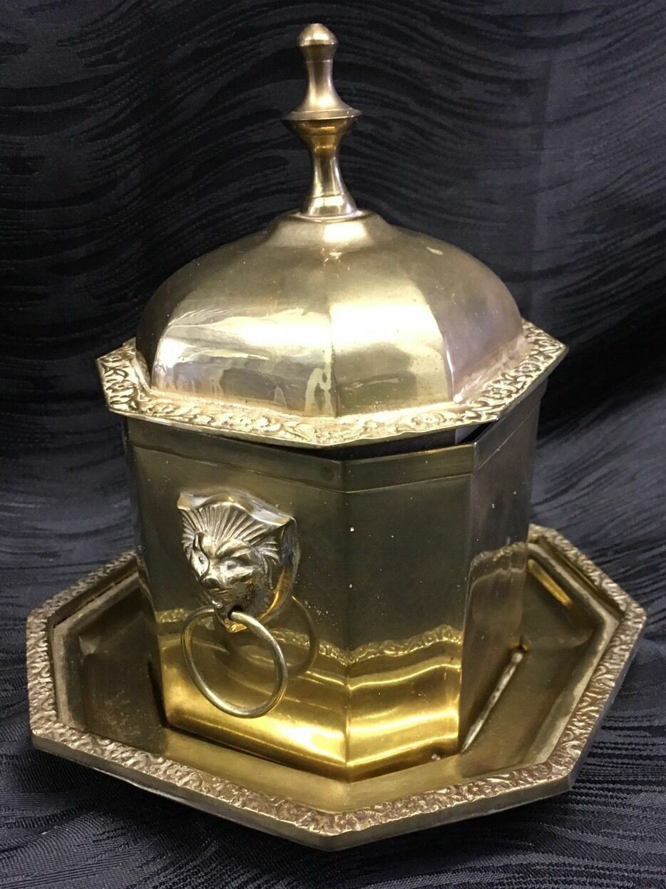 Atq Vtg Brass Hinged Lidded Box with Matching Tray Lion Head Ring Handles Rare Atq Vtg Brass Hinged Lidded Box with Matching Tray Lion Head Ring Handles Rare