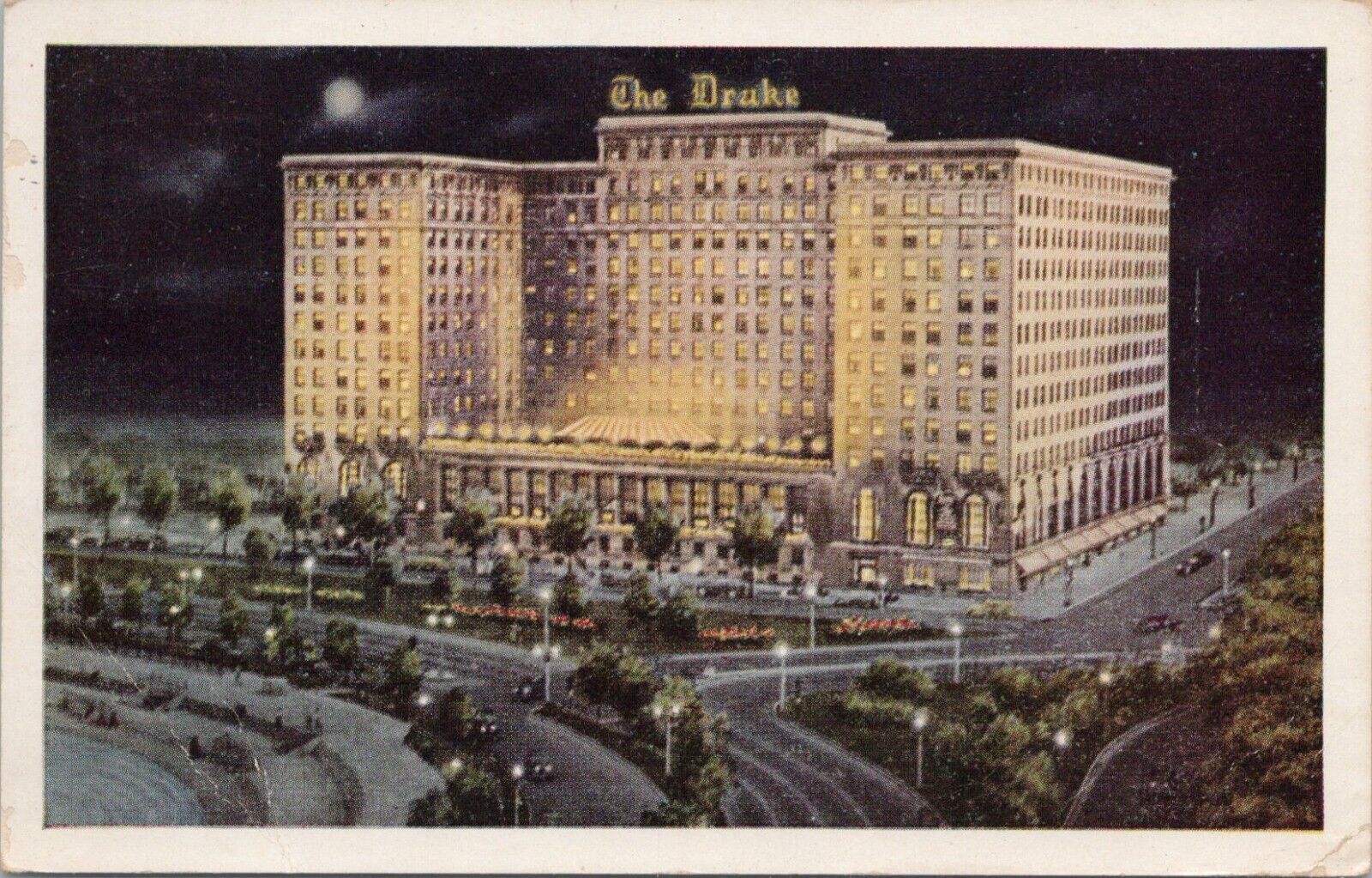 Lithograph ** Chicago Illinois The Drake Hotel at Night Advertising 1941