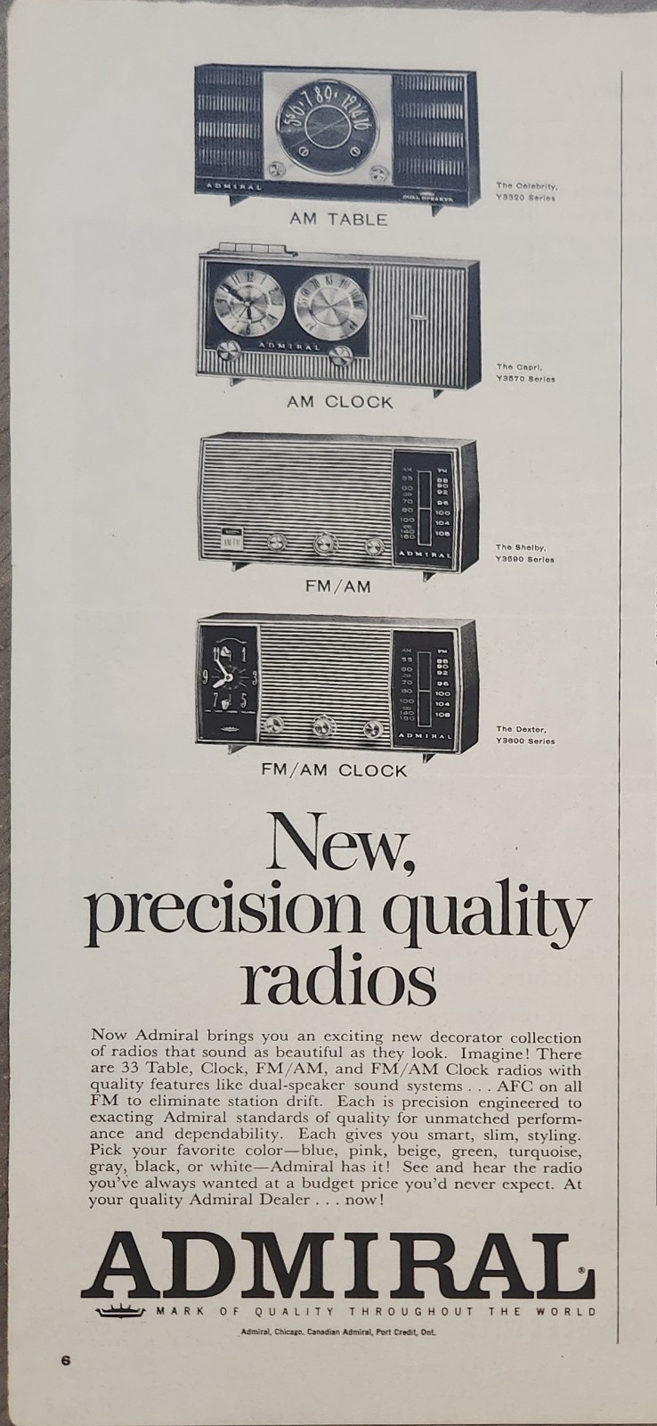1963 Admiral Fm Am Clock Radio Vintage Ad New Precision 13" x 5"