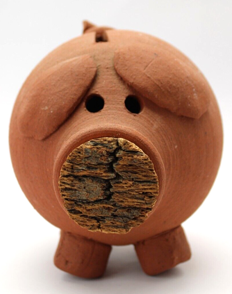 Red Clay Ceramic Pig Piggy Bank Cork Snout Plug Rustic Standing 10"x 5"x 7"