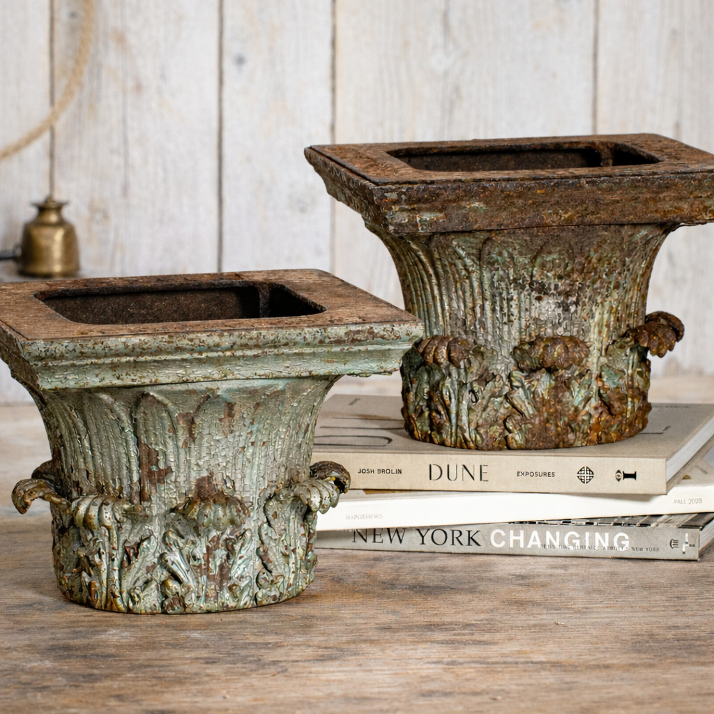 Pair Antique Cast Iron Neoclassical Corinthian Column Capitals New York City Pair Antique Cast Iron Neoclassical Corinthian Column Capitals New York City