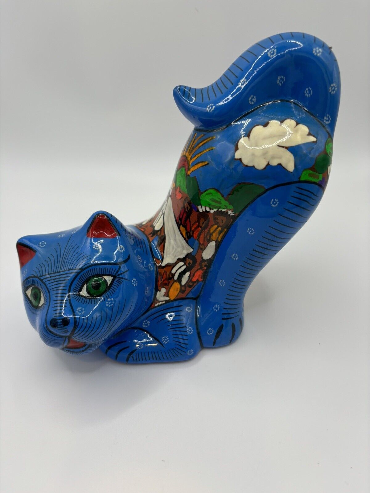 Ceramic Mexican Pottery Cat figurine Unique Vintage Hand painted Blue exc. cond.